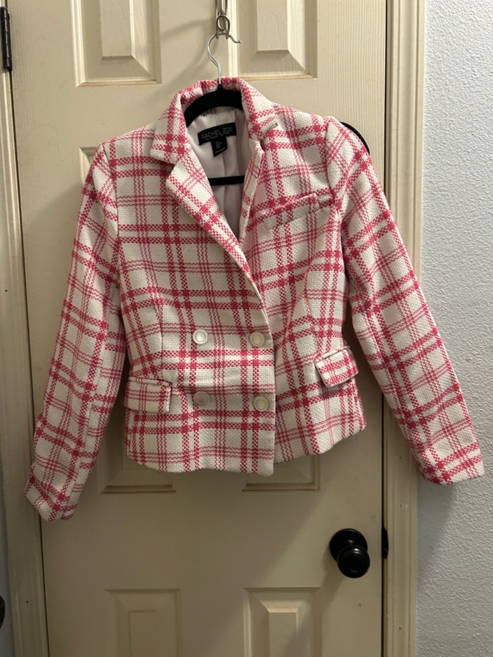 Rachel Zoe Pink & White Plaid Double-Breasted Tweed Blazer